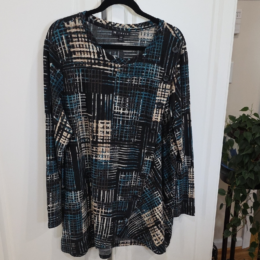 N Touch Black and Teal Patterned Blouse